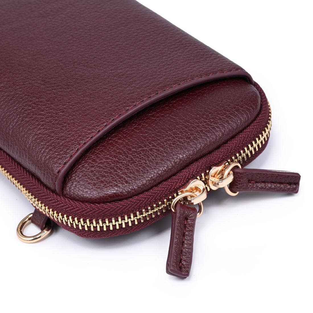 Karen Cell Phone Crossbody: Burgundy-Hand In Pocket