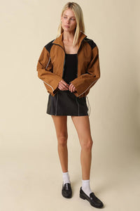 Eloise Contrast Panel Zip-Up Jacket - Camel Black-Hand In Pocket