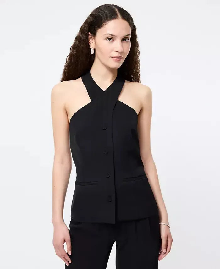 French Connection Harry Suiting Criss Cross Vest - Black-Hand In Pocket