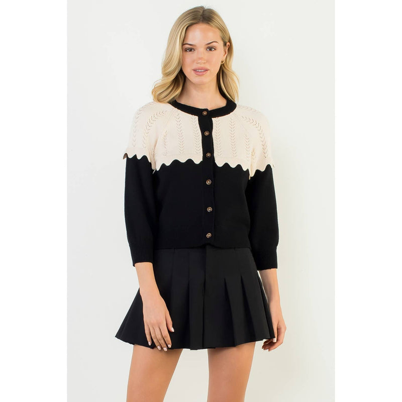 Contrast Yoke Scallop Edge Knit Cardigan: BLACK / XS-S-M-L(1-2-2-1)-Hand In Pocket