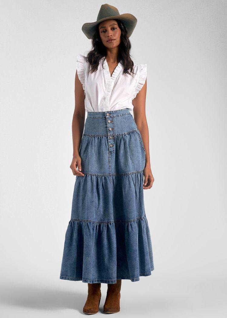 Elan Dolly Tiered Denim Skirt ***FINAL SALE***-Hand In Pocket