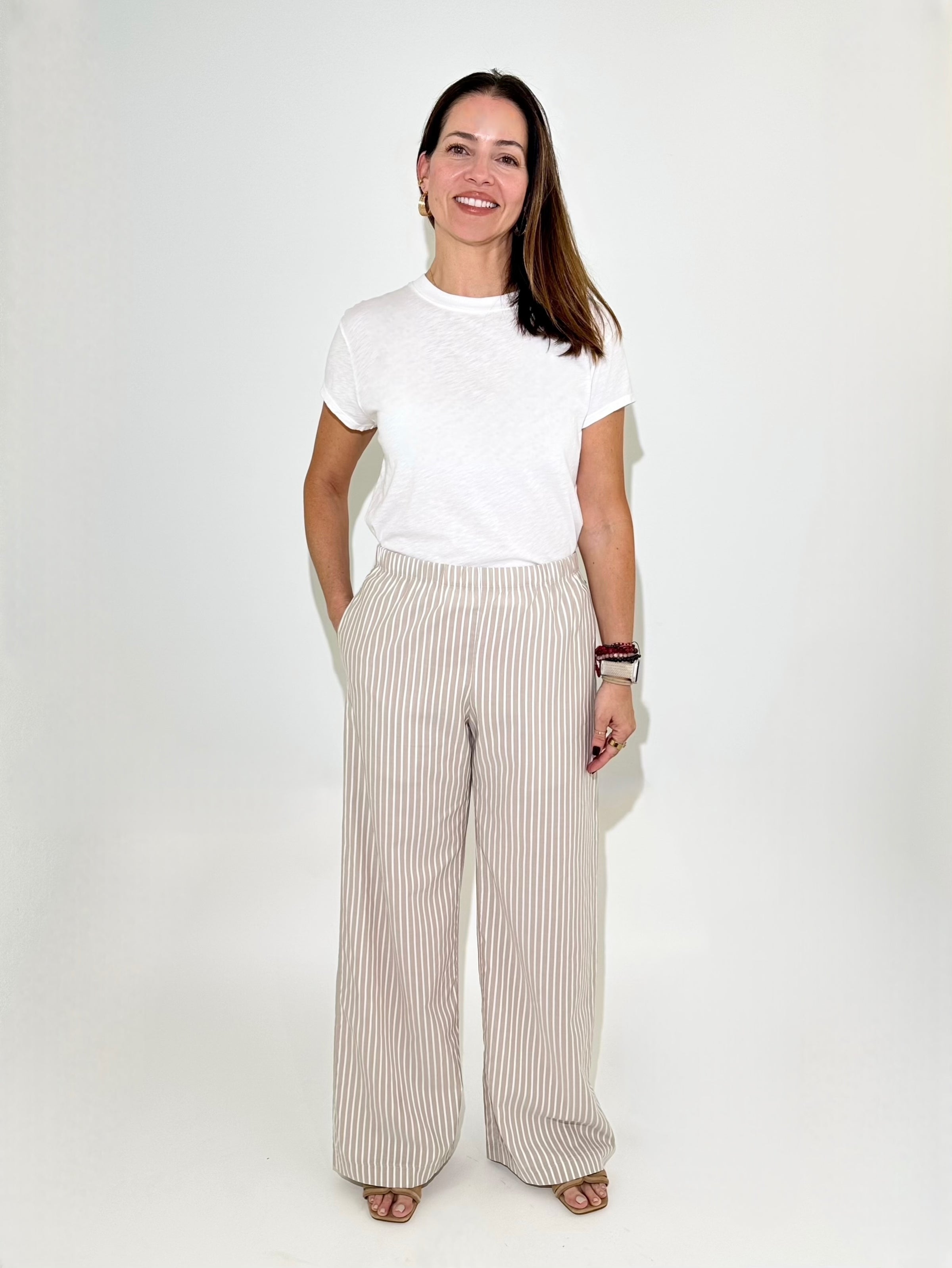 Michael Stars Taylor Striped Wide Leg Pant - Khaki-Hand In Pocket