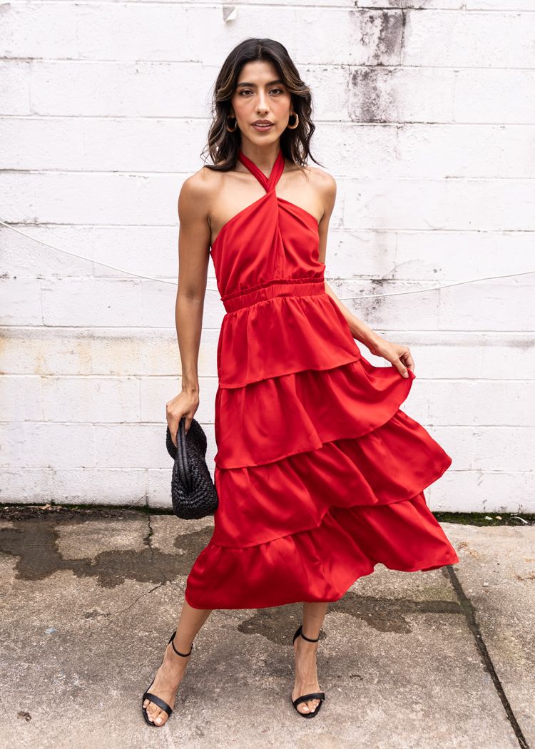 Adelyn Rae Eleanor Halter Tiered Midi Dress- Crimson Red ***FINAL SALE*** Adelyn Rae Eleanor Halter Tiered Midi Dress- Crimson Red ***FINAL SALE***