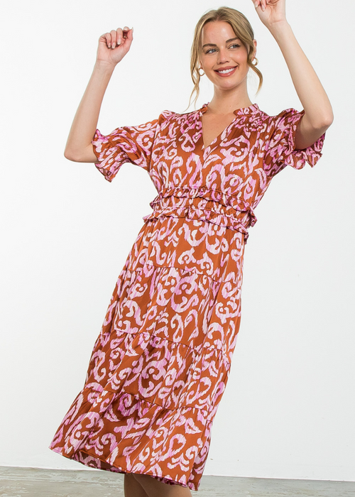 Kai Short Sleeve Tiered Print Maxi Dress-Hand In Pocket