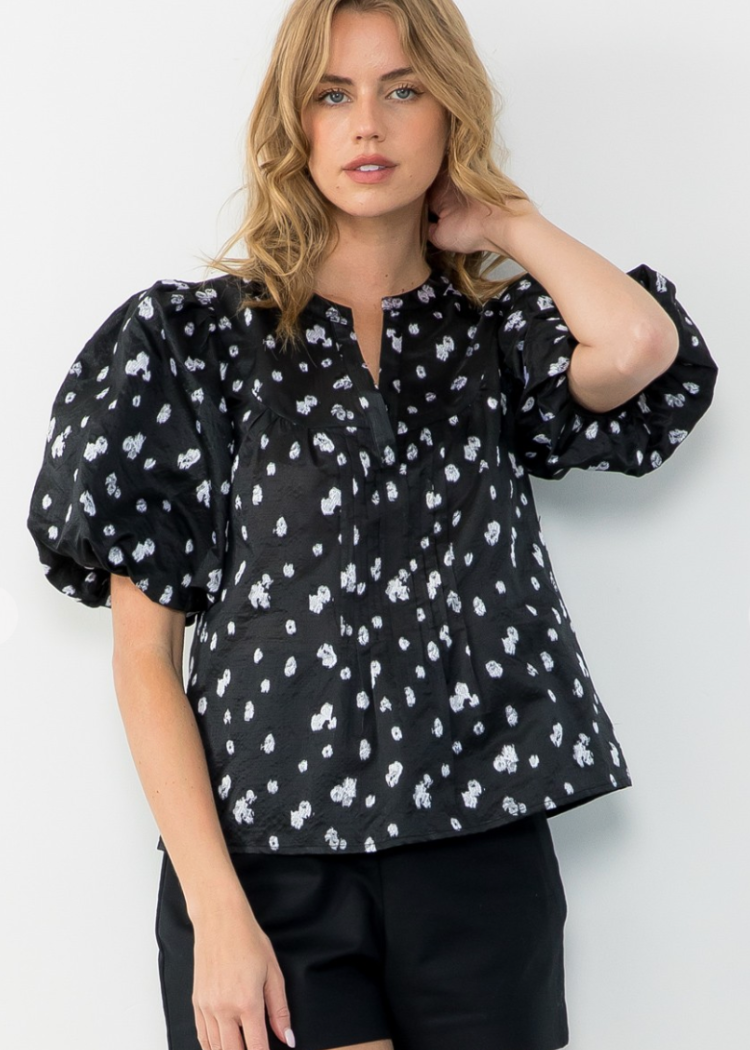 Lucy Puff Sleeve Spotted Top - Black-Hand In Pocket
