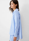 French Connection Thick Stripe Relaxed Popover Shirt-Blue Linen White-Hand In Pocket