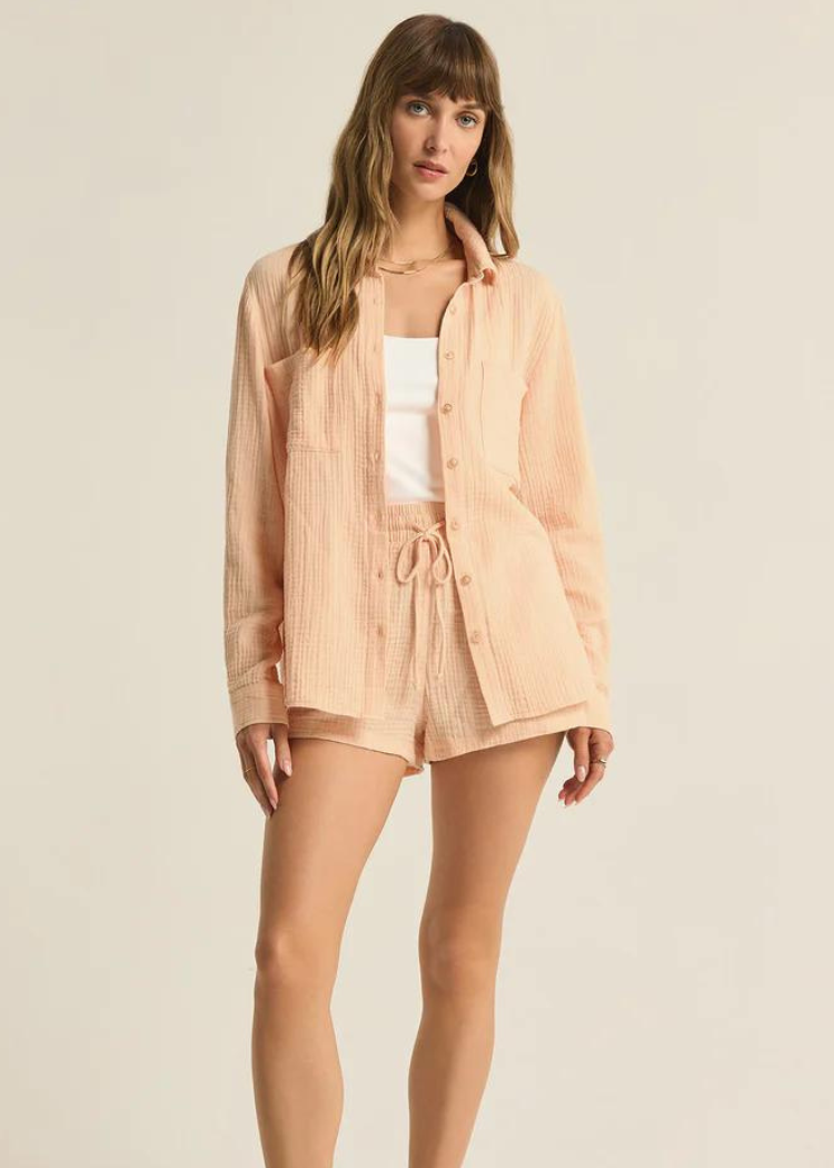 Z Supply Kaili Button Up Gauze Top- Grapefruit-Hand In Pocket