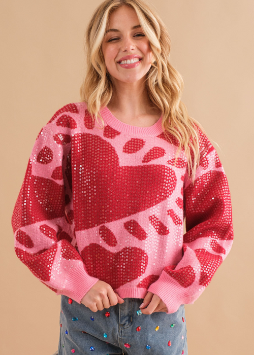 Sequin Heart Pullover Sweater-Hand In Pocket