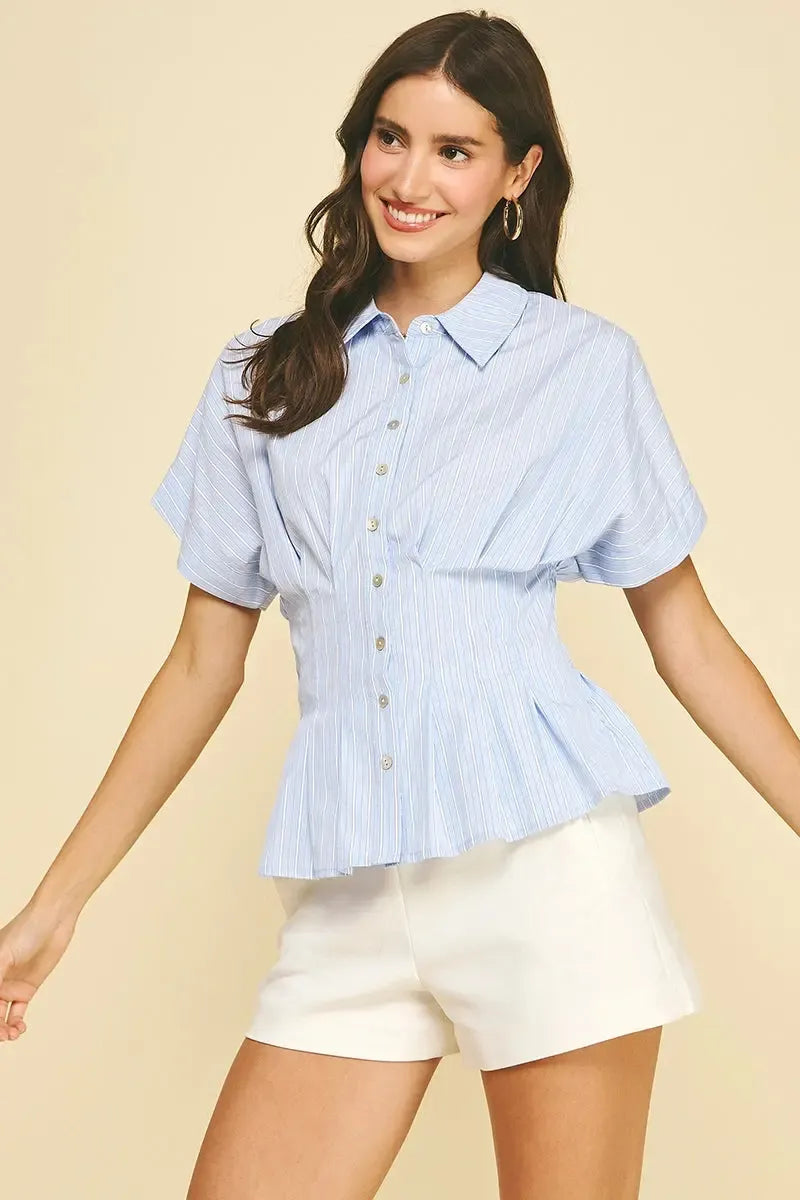 Tatum Button Down Top - Blue Stripe-Hand In Pocket