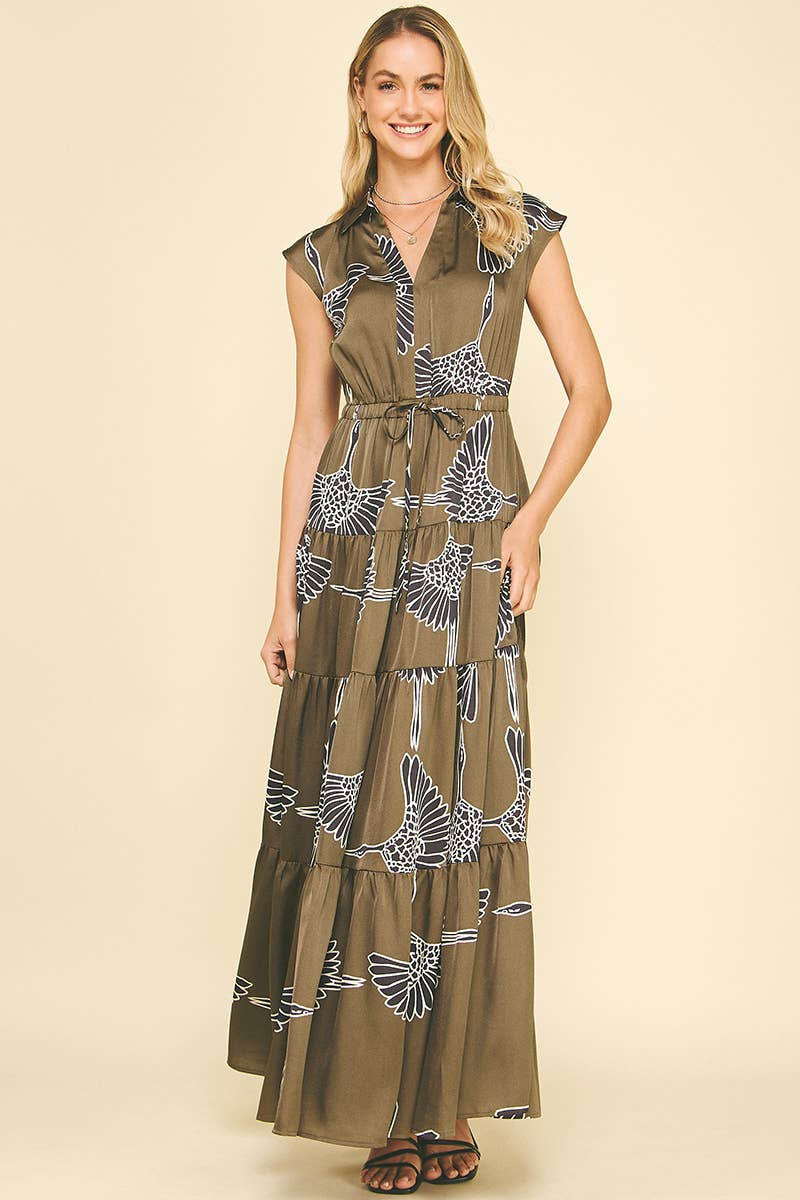 PRINT TIERED MAXI DRESS - 5176DC: MOCHA / S-Hand In Pocket