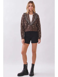 Adrianna Cropped Fringed Cardigan  - Espresso