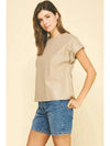 Sabrina Faux Leather Cap Sleeve Top- Taupe-Hand In Pocket