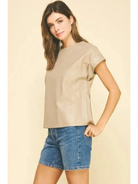 Sabrina Faux Leather Cap Sleeve Top- Taupe-Hand In Pocket