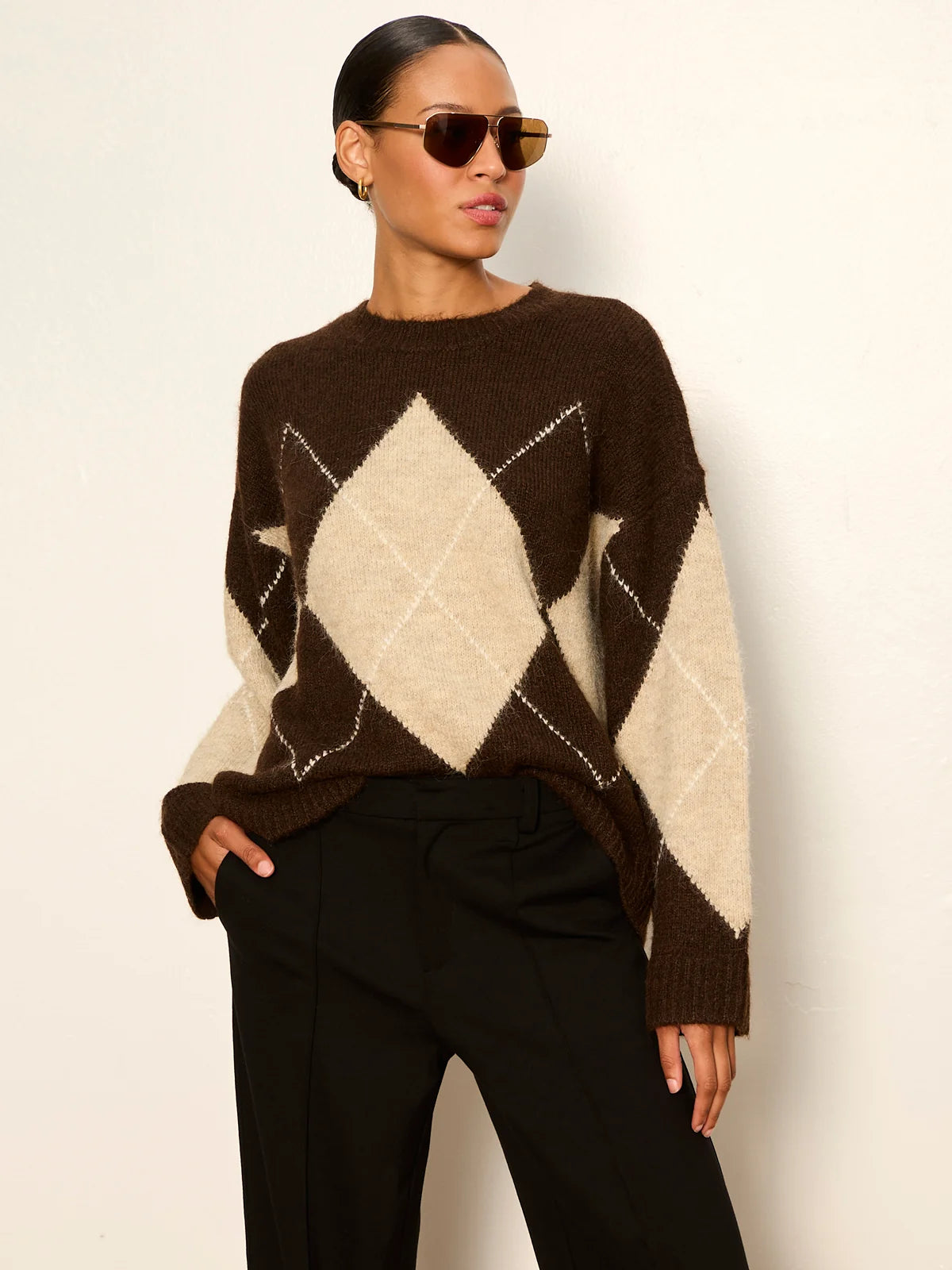 Sanctuary Argyle Crew Sweater - Espresso Martini Argyle