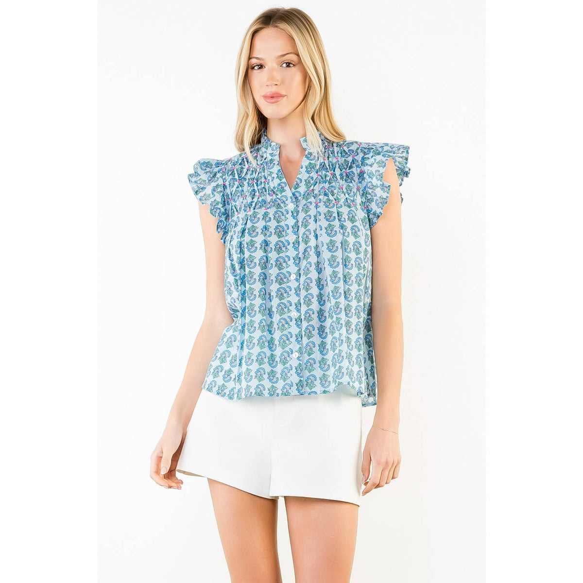 THML Evie Flutter Sleeve Top - Blue-Hand In Pocket