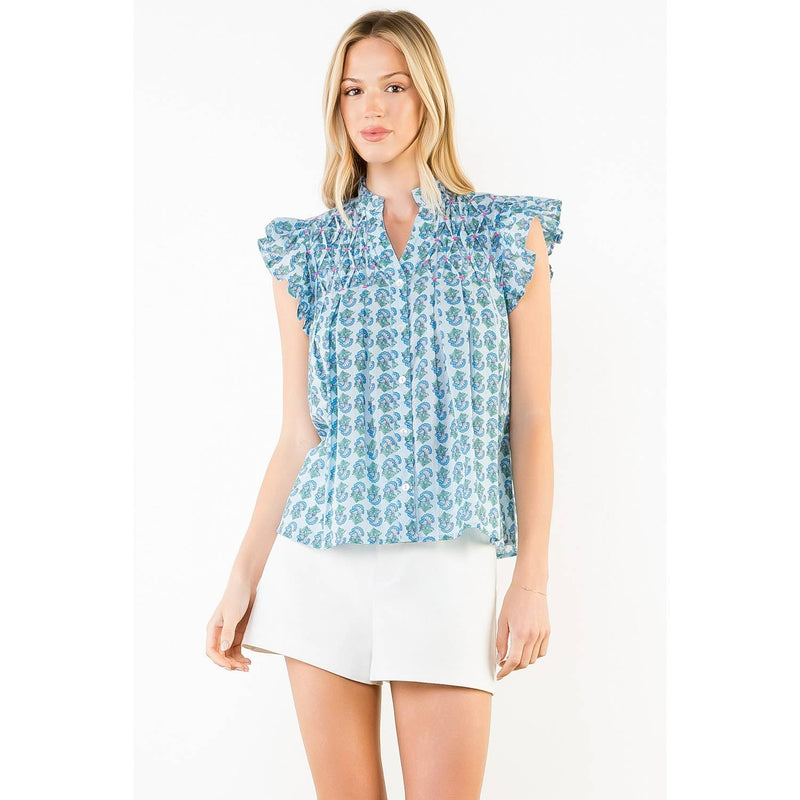 THML Evie Flutter Sleeve Top - Blue-Hand In Pocket
