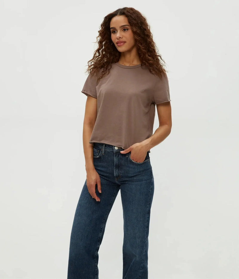 Michael Stars Jackie Raw Edge Tee- Cobblestone-Hand In Pocket