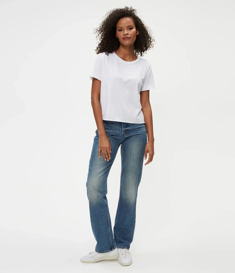 Michael Stars Jackie Raw Edge Tee- White-Hand In Pocket