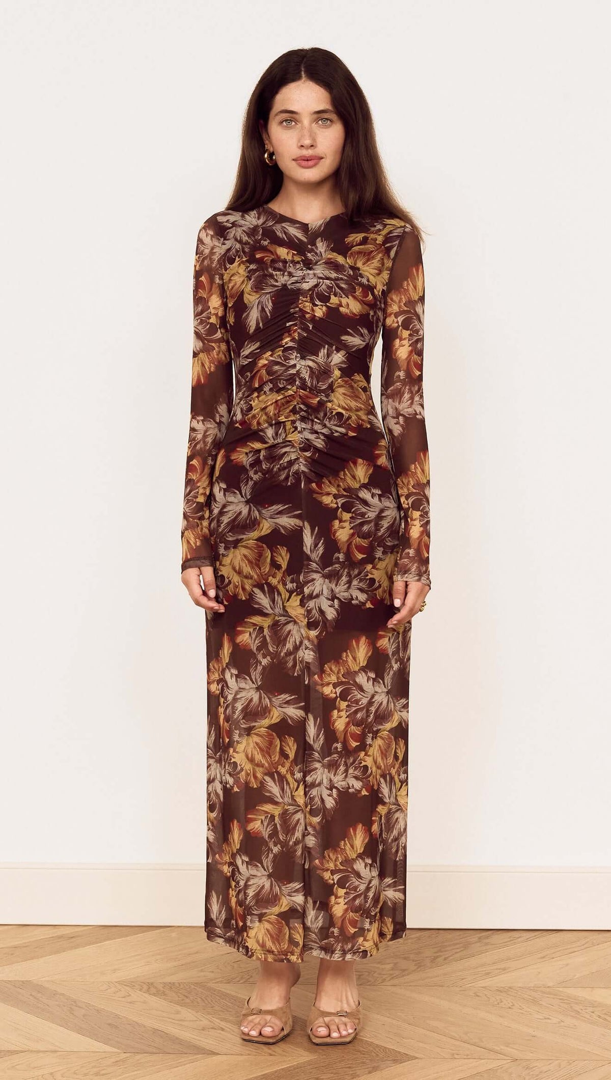 MINKPINK Tahlia Mesh Midi Dress - Brown Vintage Floral-Hand In Pocket