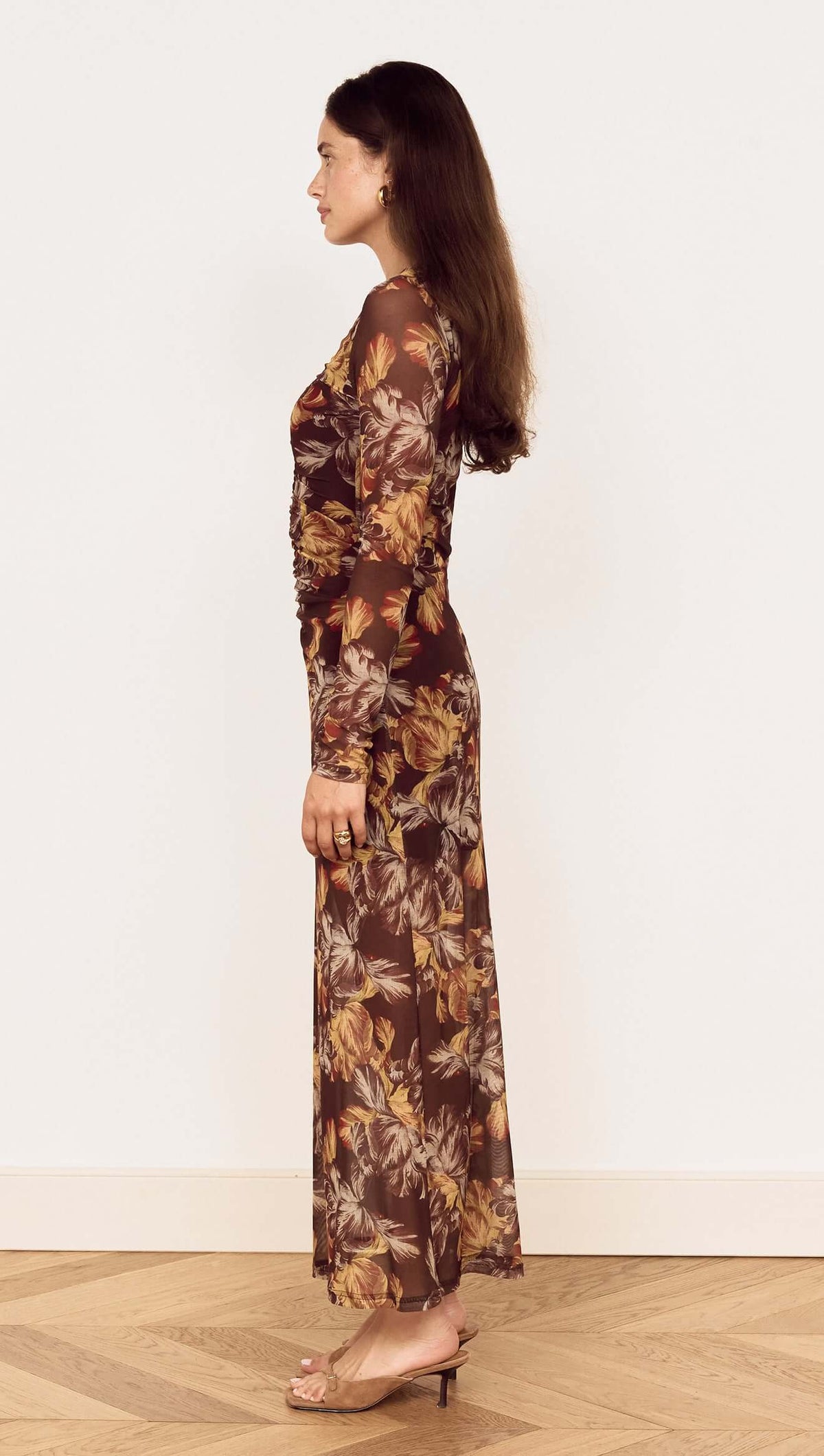 MINKPINK Tahlia Mesh Midi Dress - Brown Vintage Floral-Hand In Pocket