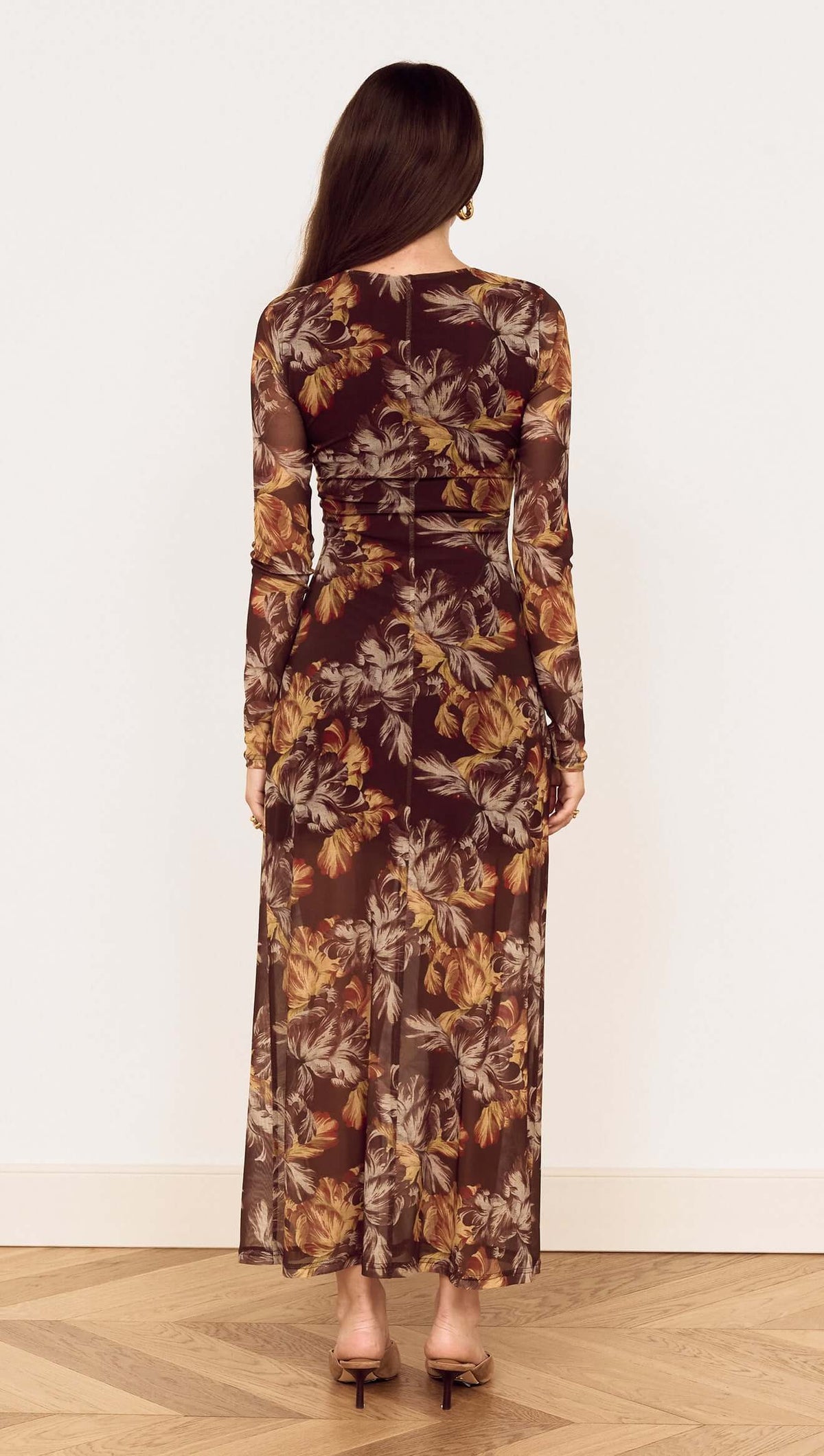 MINKPINK Tahlia Mesh Midi Dress - Brown Vintage Floral-Hand In Pocket