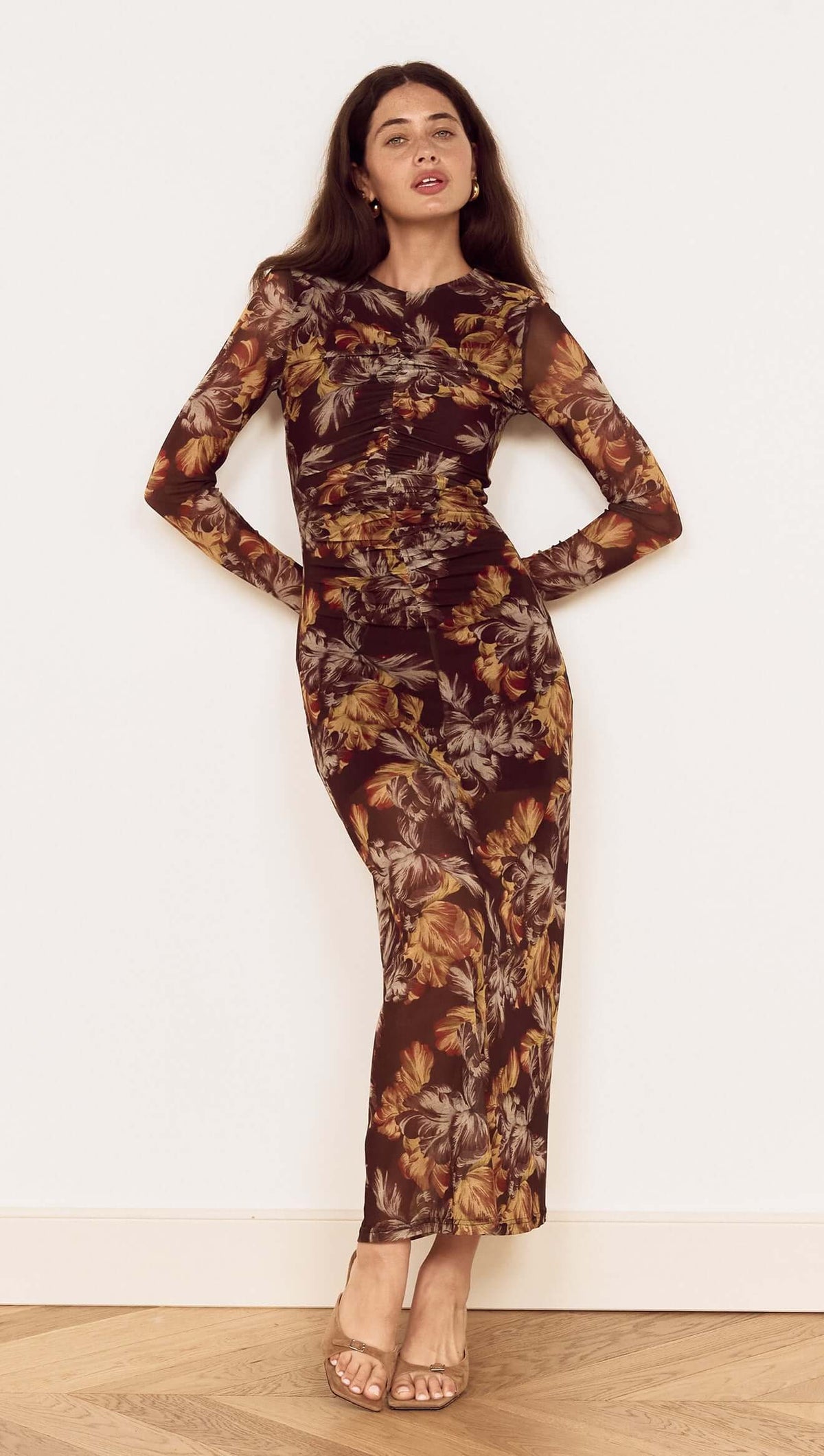 MINKPINK Tahlia Mesh Midi Dress - Brown Vintage Floral-Hand In Pocket