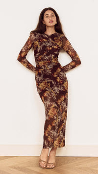 MINKPINK Tahlia Mesh Midi Dress - Brown Vintage Floral-Hand In Pocket