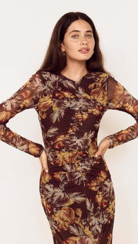 MINKPINK Tahlia Mesh Midi Dress - Brown Vintage Floral-Hand In Pocket