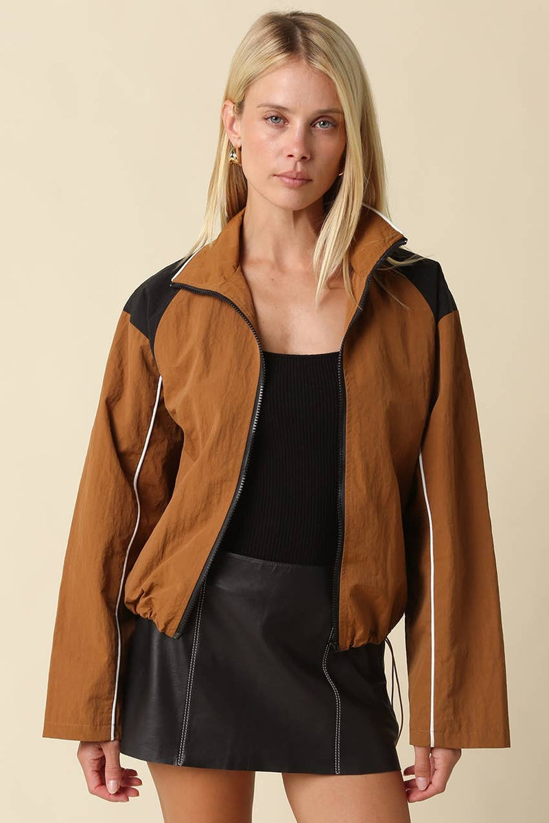 Eloise Contrast Panel Zip-Up Jacket - Camel Black-Hand In Pocket