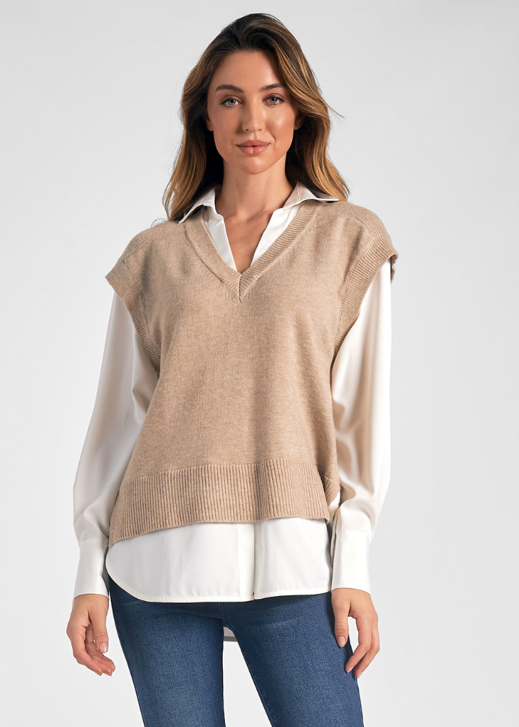 Carrie Sweater - Taupe and White-Hand In Pocket