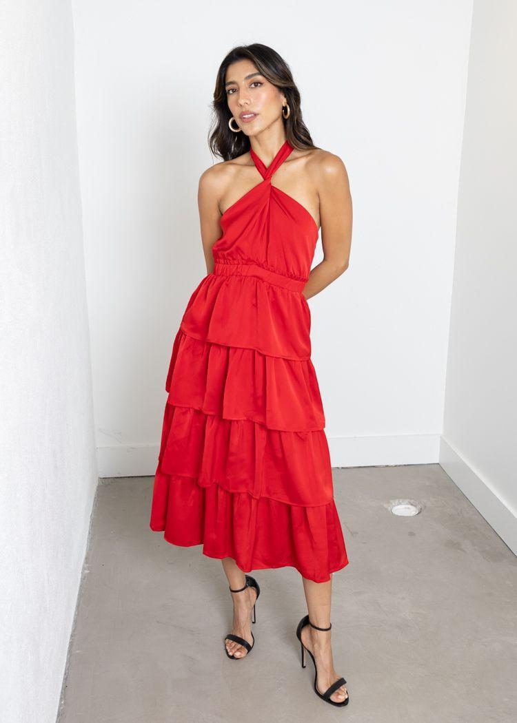Adelyn Rae Eleanor Halter Tiered Midi Dress- Crimson Red ***FINAL SALE Hand In Pocket Adelyn Rae Eleanor Halter Tiered Midi Dress- Crimson Red ***FINAL SALE Hand In Pocket
