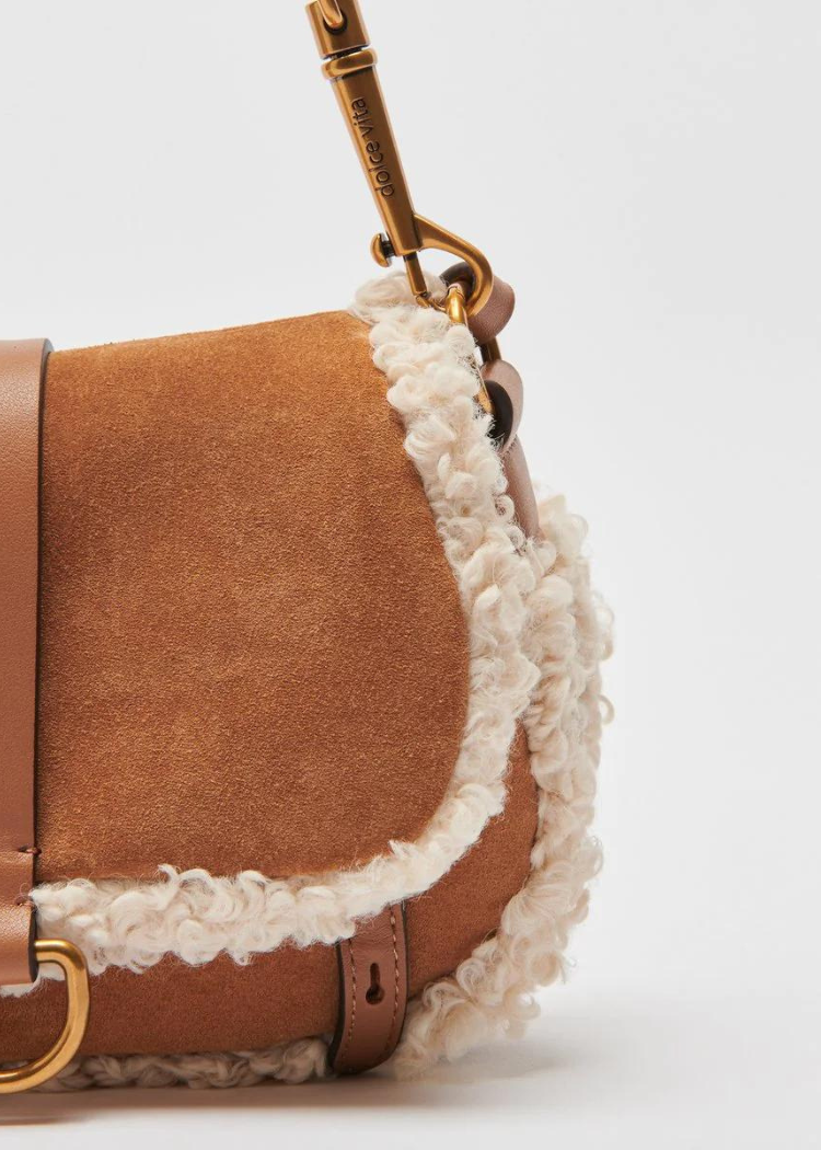 Dolce Vita Rylee Convertible Shearling Crossbody- Rust-Hand In Pocket