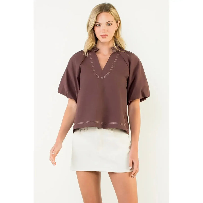 THML Jaylin Contrast Stitch Top- Brown-Hand In Pocket