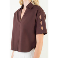 THML Talia V Neck Blouse - Brown-Hand In Pocket