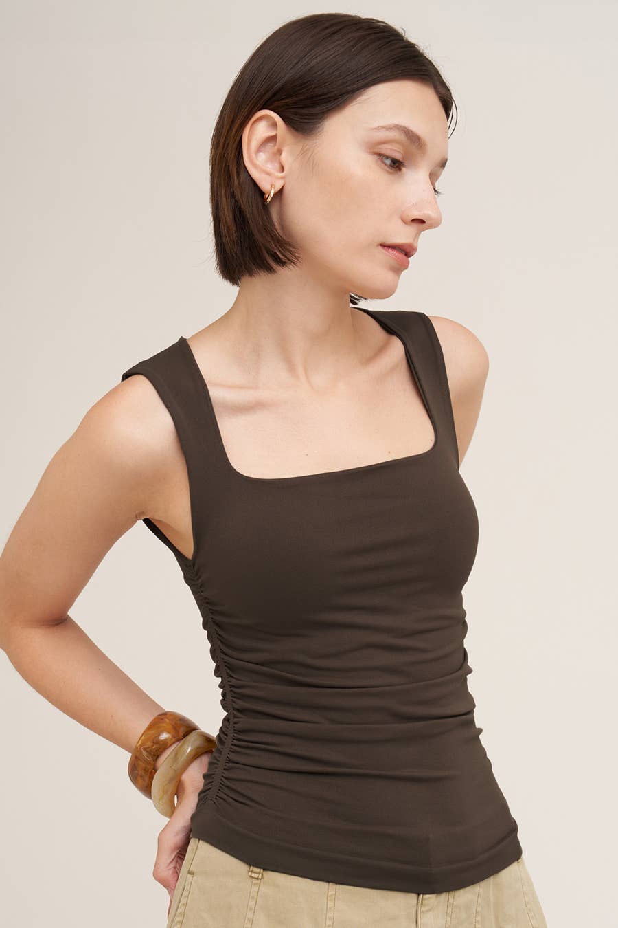 Clean Line Square Shirred Top: Chocolate