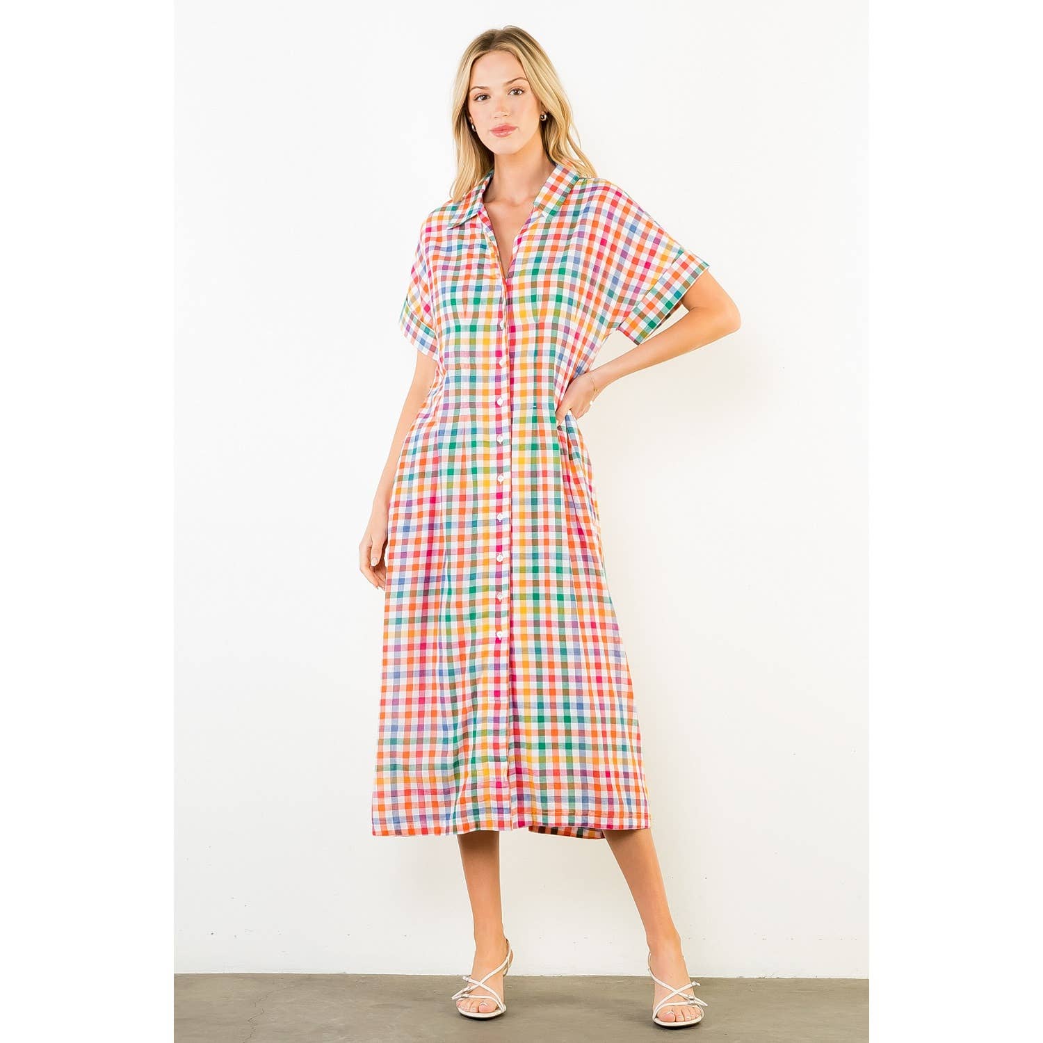 THML Ariel Button Down Midi Dress - Orange-Hand In Pocket