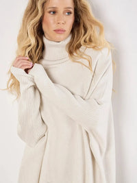 Apricot Roll Neck Fringe Poncho- Cream-Hand In Pocket