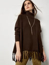 Apricot Roll Neck Fringe Poncho- Brown-Hand In Pocket