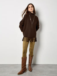 Apricot Roll Neck Fringe Poncho- Brown-Hand In Pocket