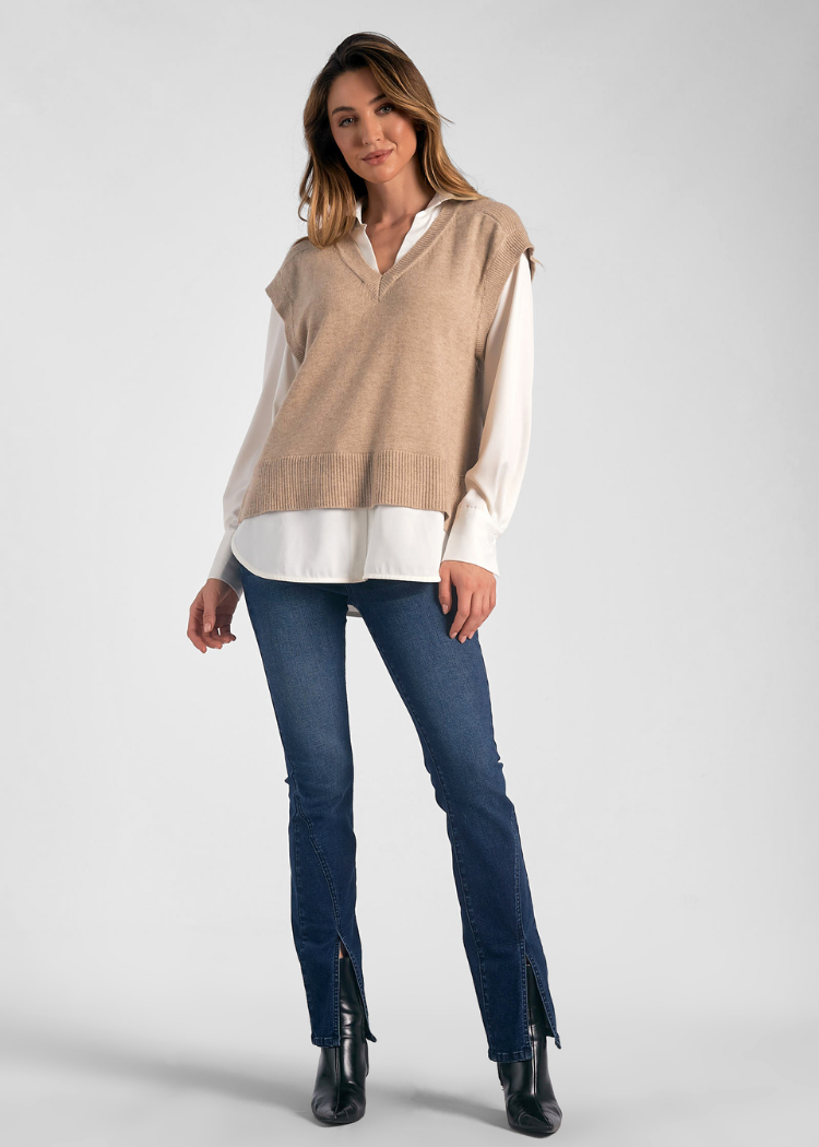 Carrie Sweater - Taupe and White-Hand In Pocket