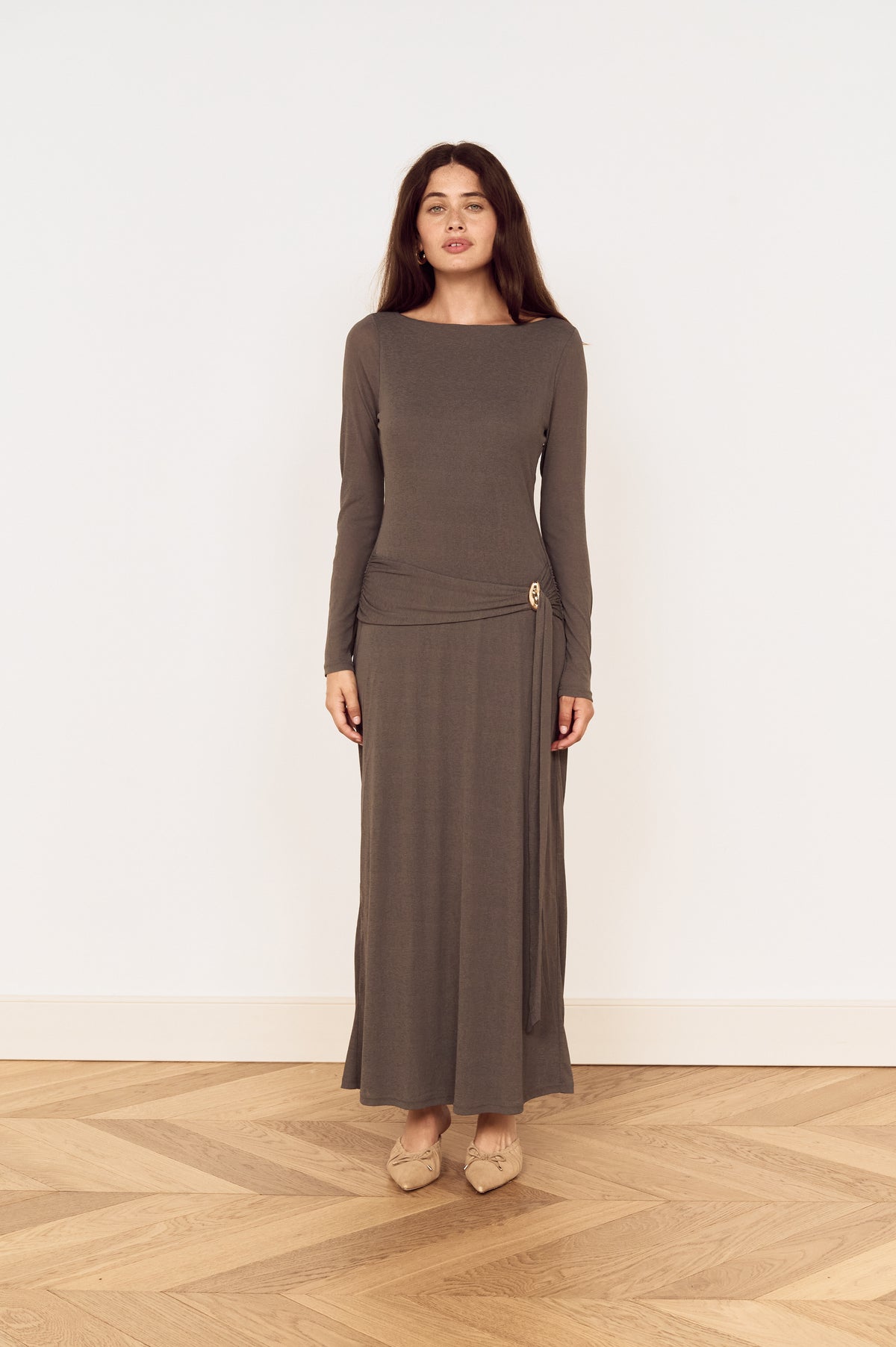 MINKPINK Lunar Tie Detail Midi Dress - Charcoal-Hand In Pocket