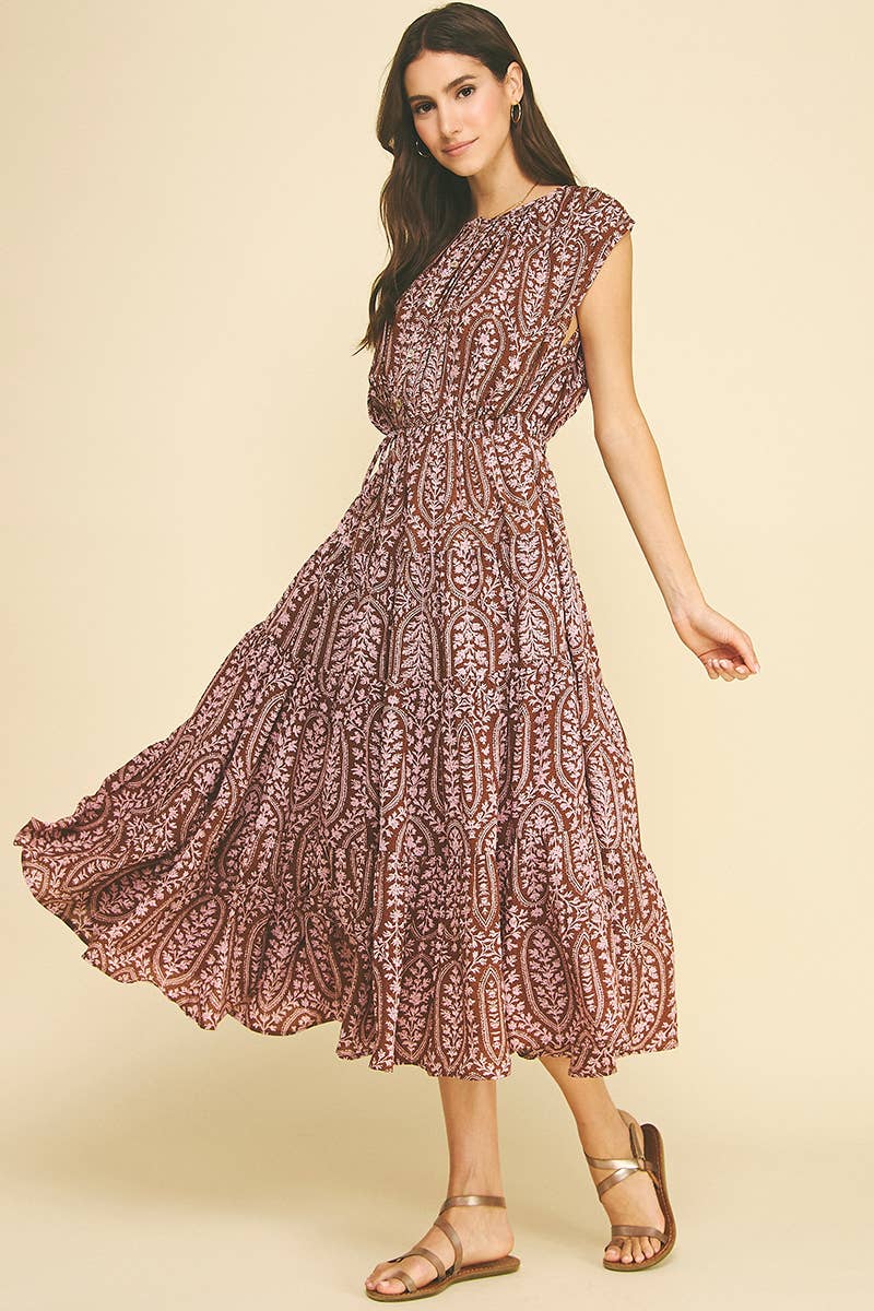 Paige Tiered Dress - Brown/Pink
