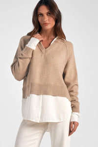 Elan Charlie Layered Sweater - Taupe-Hand In Pocket