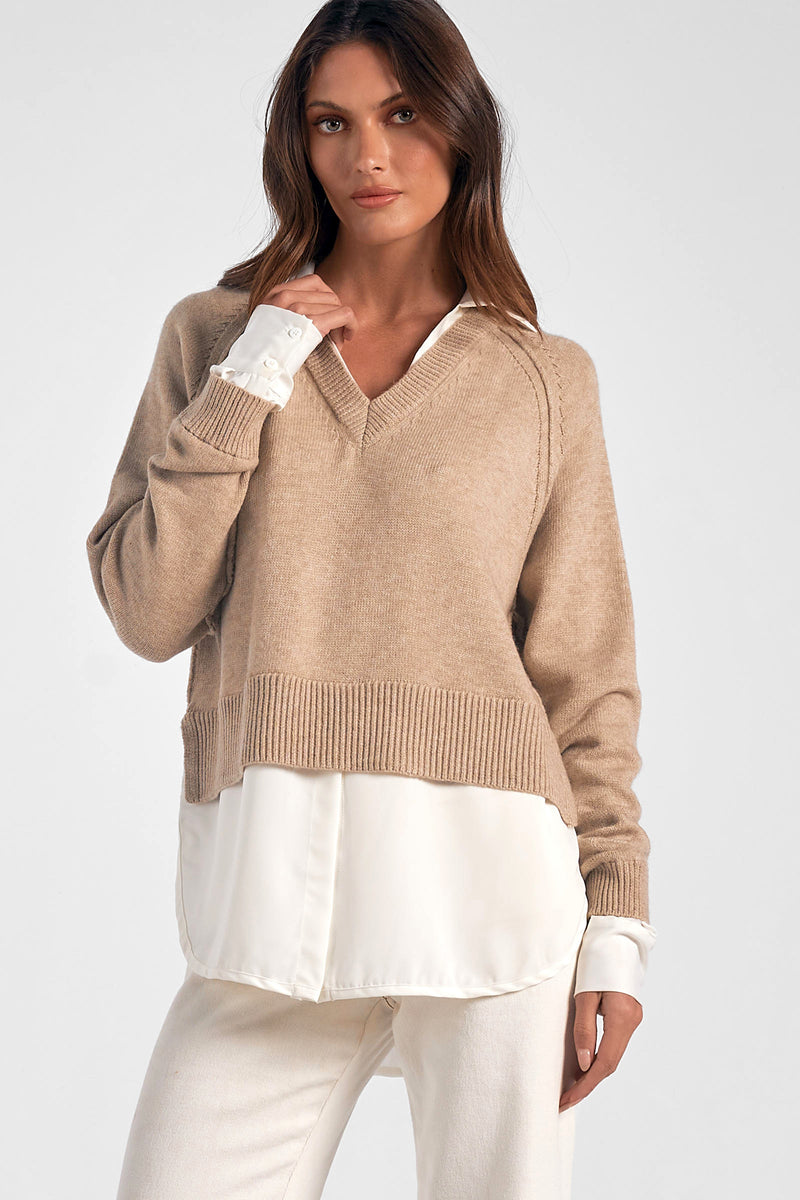 Elan Charlie Layered Sweater - Taupe-Hand In Pocket