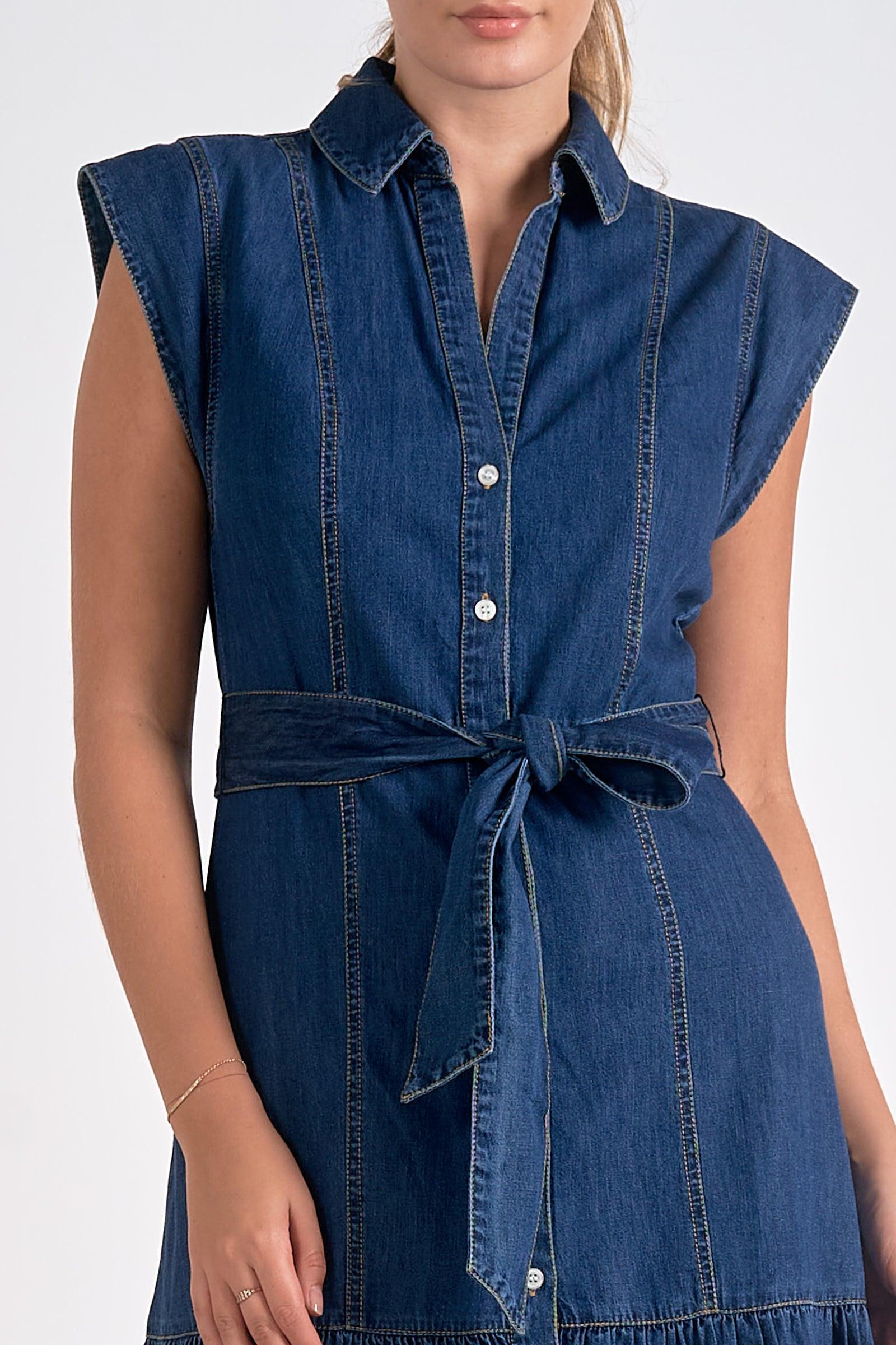 elan denim dress elan Sleeveless Belted Button Up Maxi Dress XS