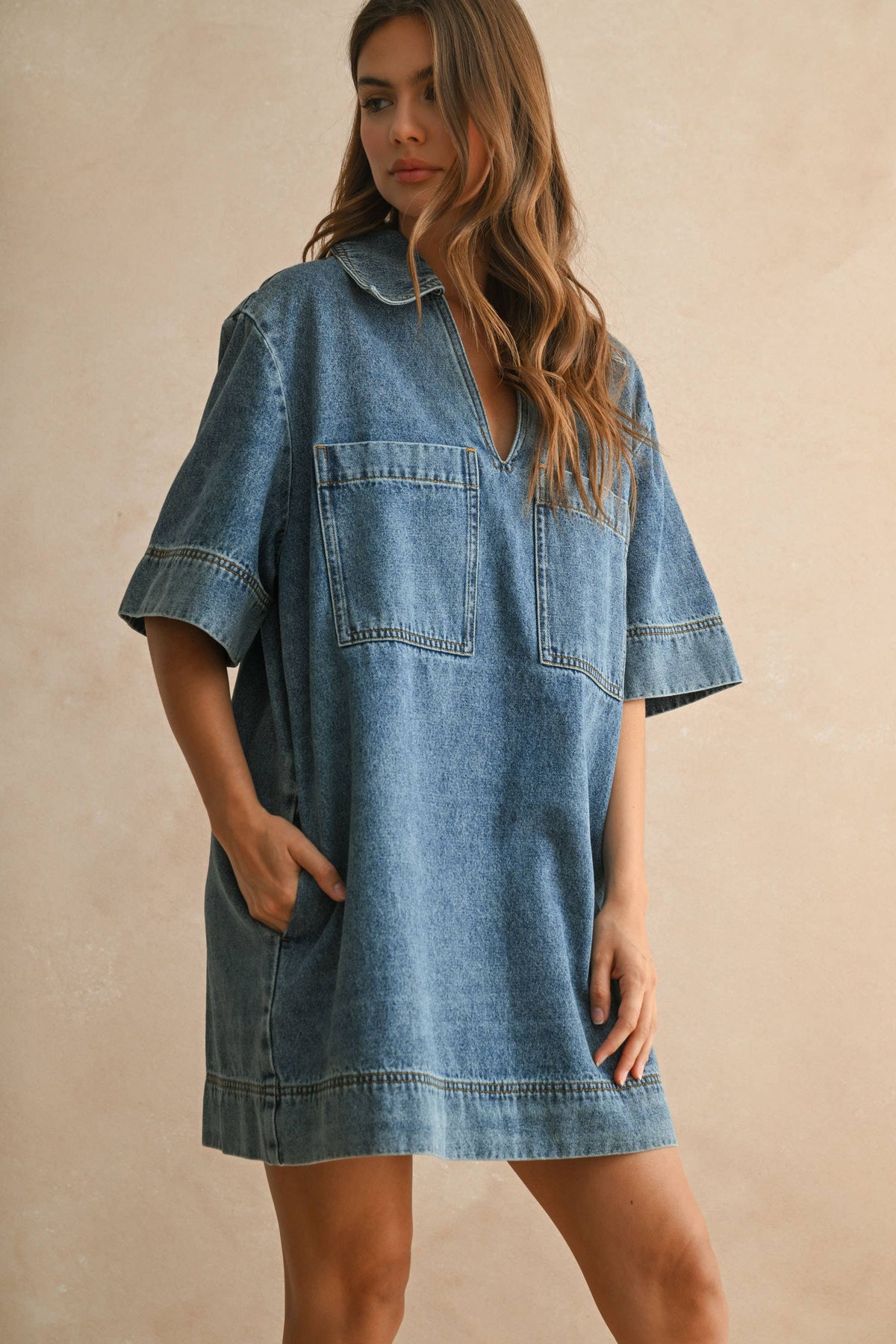 Brentwood V Neck Denim Tunic/Mini Dress-Hand In Pocket