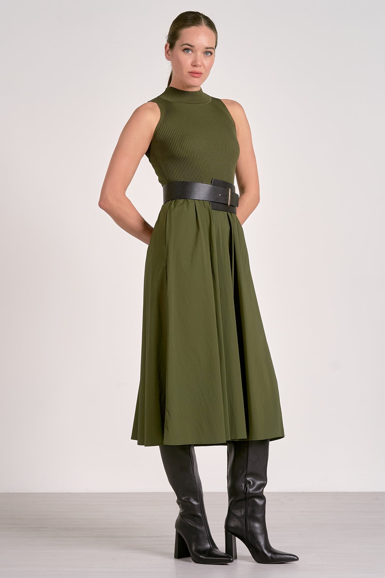 elan green dress El Beige Print One Shoulder Dress S