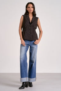 Elan Ava Side Ruched Vest- Black-Hand In Pocket