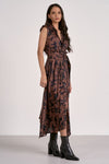 Elan Juliette V Neck Dress - Brown Foliage-Hand In Pocket