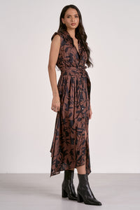 Elan Juliette V Neck Dress - Brown Foliage-Hand In Pocket